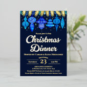 Baubles Kerstdiner Waterverf Navy Blue Folie Uitnodiging (Staand Voorkant)