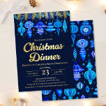 Baubles Kerstdiner Waterverf Navy Blue Folie Uitnodiging<br><div class="desc">Deze kerstdineruitnodiging is voorzien van waterverf blauwe ballen over de top met dennennaalden en kerstgebladerte tegen een marineblauwe achtergrond. U kunt alle details van het evenement aanpassen, alle tekst is in uw keuze van gouden, zilveren of rozen gouden folie. Op de achterzijde van de uitnodiging staat een patroon van waterverf...</div>