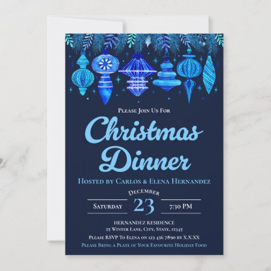 Baubles Kerstdiner Waterverf Navy Blue Kaart (Voorkant)