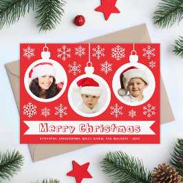 Baubles Photo Collage Red & White Merry Christmas Feestdagenkaart