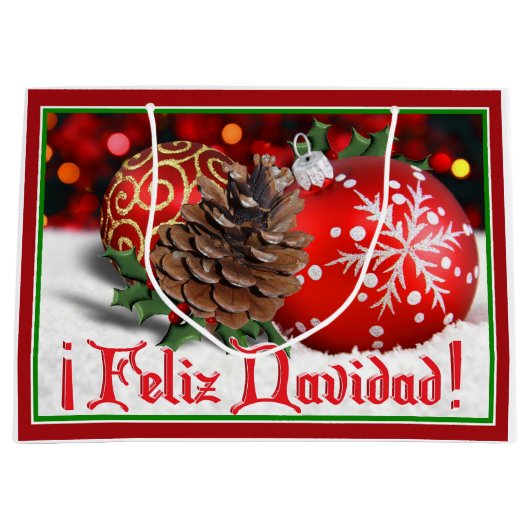 Baubles & Pine Cones - Feliz Navidad Large Cadeautasje (Voorkant)