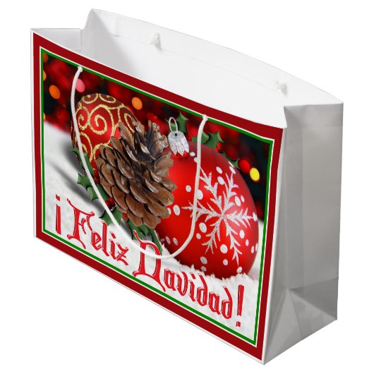 Baubles & Pine Cones - Feliz Navidad Large Cadeautasje (Achterkant Gekanteld)