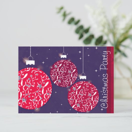 Baubles sparkle effect feestuitnodiging rood blauw kaart (Staand voorkant)