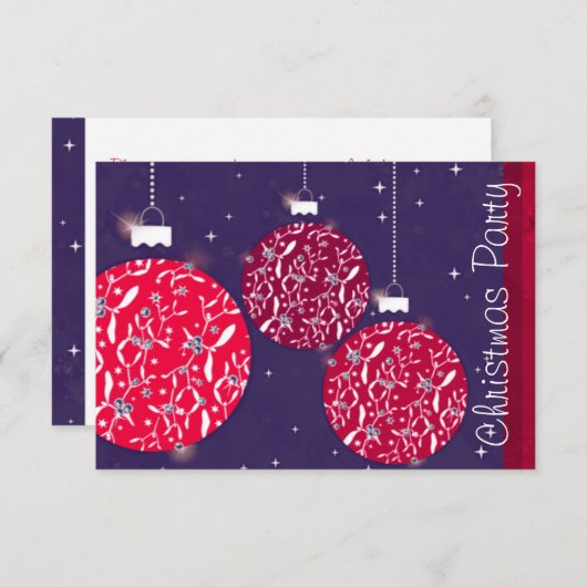 Baubles sparkle effect feestuitnodiging rood blauw kaart (Voorkant / Achterkant)