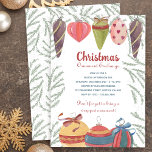 Baubles voor kerstversiering Kaart<br><div class="desc">Vintage Kerstmis Ornament Exchange Party Uitnodiging versierd met kerstboomblaasjes en oramenten in gemuteerde kleuren,  omhuld met dennenaalden. De achterkant van de kaart is bedekt met een spriet van dennen en de sjabloon van de uitnodiging is ingesteld om uw aangepaste tekst toe te voegen.</div>