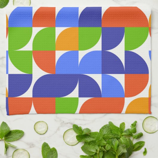 Bauhaus Mid Century Patroon blauw, Sinaasappel, gr Theedoek (Gevouwen)