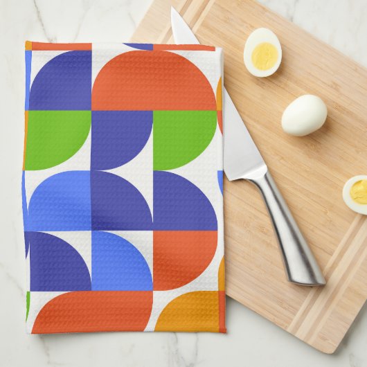 Bauhaus Mid Century Patroon blauw, Sinaasappel, gr Theedoek (Quarter Fold)