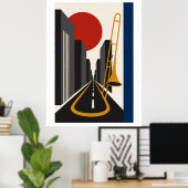 Bauhaus Stad & Trombone Kunst | Minimalistische Ur Poster (Thuiskantoor)
