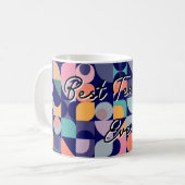 Bauhaus tegel patroon donkerblauw met slogan koffiemok (Voorkant links)