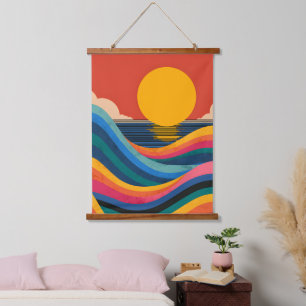 Bauhaus Zonsondergang Oceaan Golven Top Muur Tapij Hangend Wandkleed