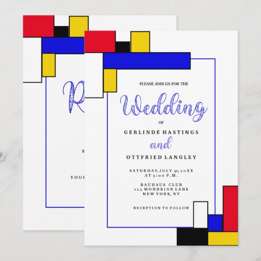 Bauhouse Mondriaan Stijl Bruiloft Kaart (Voorkant / Achterkant)