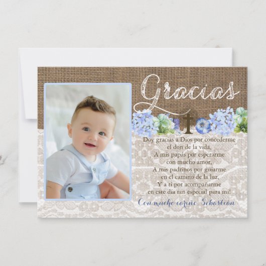Bautismo bedankt Gracias-kaart in het Spaans (Voorkant)