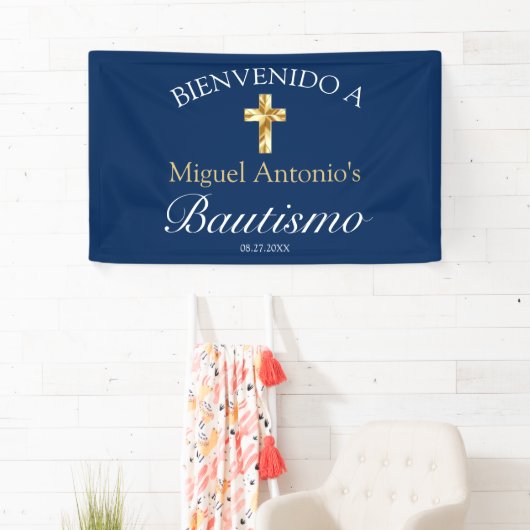 Bautismo de Bebé Azul Marino Dorado Bienvenido Spandoek (Insitu)