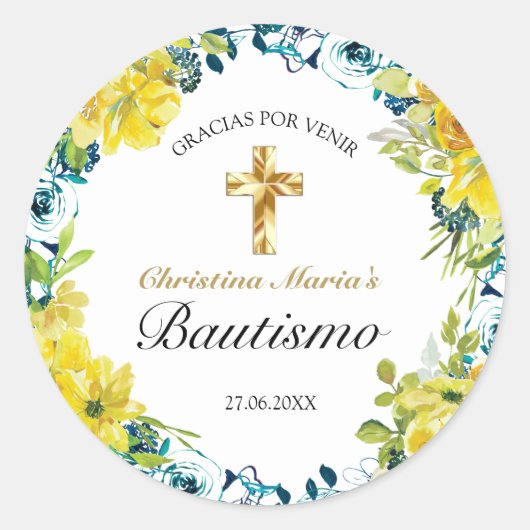 Bautismo de Niña Bonita Cruz Floral Amarillo Ronde Sticker (Voorkant)