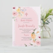 Bautismo kleur rosa con flores kaart (Staand voorkant)