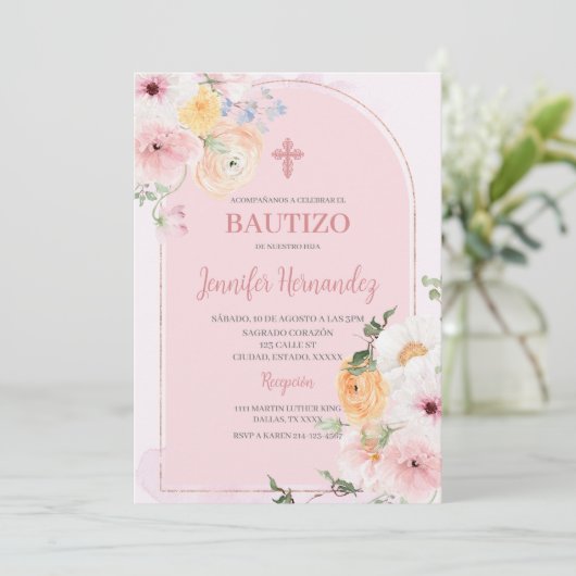 Bautismo kleur rosa con flores kaart (Staand voorkant)