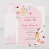 Bautismo kleur rosa con flores kaart (Voorkant / Achterkant)