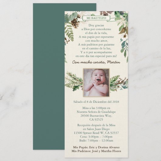 Bautismo Latino Boy Baptism Invites, Winter Leaves Kaart (Voorkant / Achterkant)