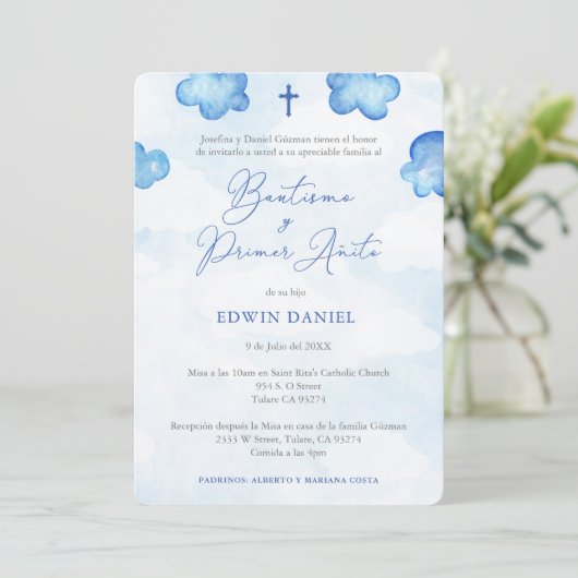 Bautismo Primer Cumple, Boy Baptism 1st Birthday Kaart (Staand voorkant)
