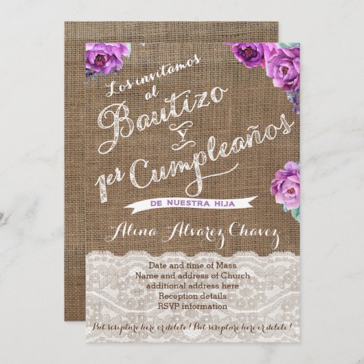 Bautizo 1er Cumpleaños, Spaanse uitnodiging Castel (Voorkant / Achterkant)