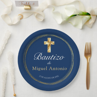 Bautizo Bebé Niño Cruz de Oro y Azul Marino Papieren Bordje