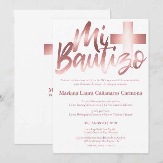 Bautizo Doop Spaans Taal Faux ROOS GOUD Kaart (Voorkant / Achterkant)