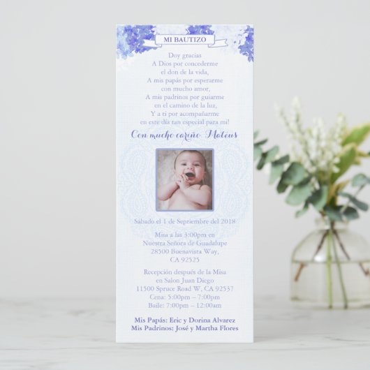 Bautizo Español | Blauwe hydrangeas Spaans Baptism Kaart (Staand voorkant)