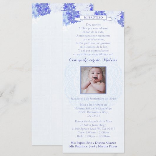 Bautizo Español | Blauwe hydrangeas Spaans Baptism Kaart (Voorkant / Achterkant)
