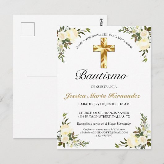 Bautizo floral elegante del marfil del bebe briefkaart (Voorkant / Achterkant)