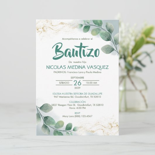 Bautizo groene uitnodiging verlaat religieuze doop (Staand voorkant)