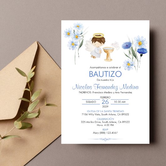 Bautizo Invitacion Angel Boy Schattige Flowers Doo Kaart