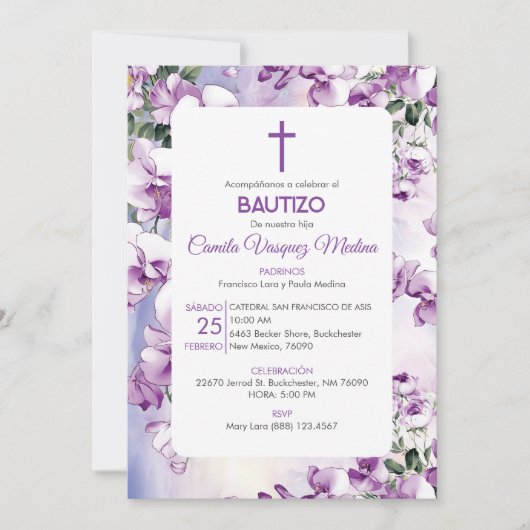 Bautizo Invitación Doop Schattige Paarse Bloemen Kaart (Voorkant)
