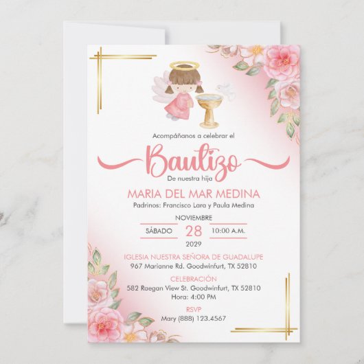 Bautizo Invitacion Schattige Flowers Meisje Engel  Kaart (Voorkant)