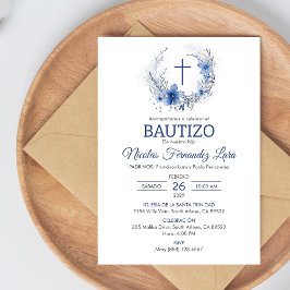 Bautizo Invitacion Schattige Kruis Blauwe Bloemen Kaart
