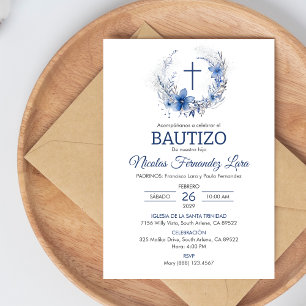 Bautizo Invitacion Schattige Kruis Blauwe Bloemen  Kaart