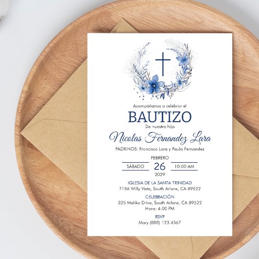 Bautizo Invitacion Schattige Kruis Blauwe Bloemen  Kaart