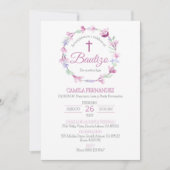 Bautizo Invitacion Schattige Kruis Roze Bloemen Do Kaart (Voorkant)