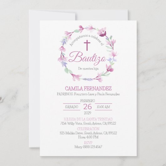 Bautizo Invitacion Schattige Kruis Roze Bloemen Do Kaart (Voorkant)