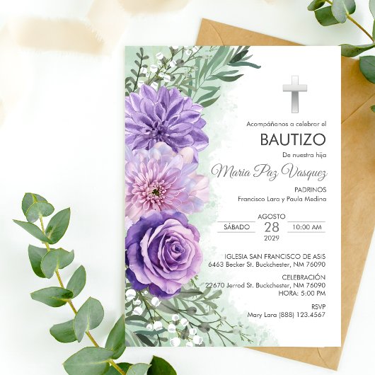 Bautizo Invitacion Schattige Paarse Bloemen Doopse Kaart