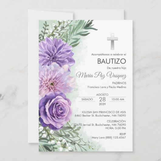 Bautizo Invitacion Schattige Paarse Bloemen Doopse Kaart (Voorkant)