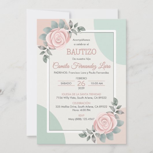Bautizo Invitacion Schattige Rozen Bloemen Doop Kaart (Voorkant)