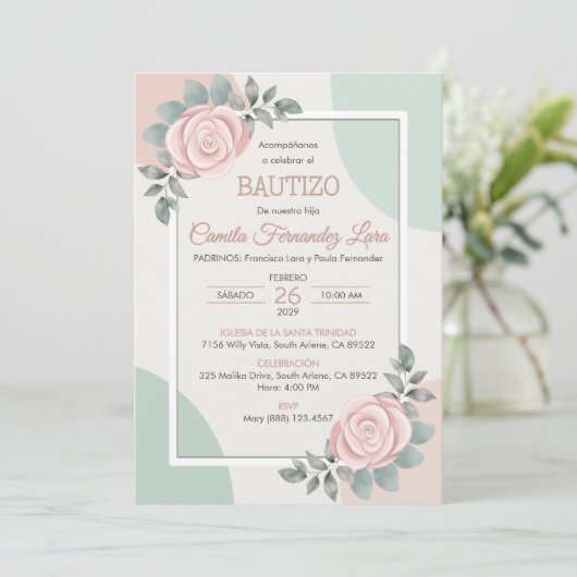 Bautizo Invitacion Schattige Rozen Bloemen Doop Kaart (Staand voorkant)