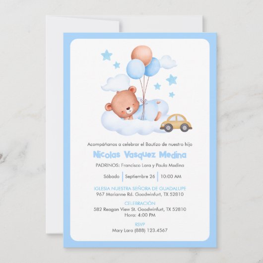 Bautizo Invitacion Schattige Teddy Bear Boys Doop Kaart (Voorkant)