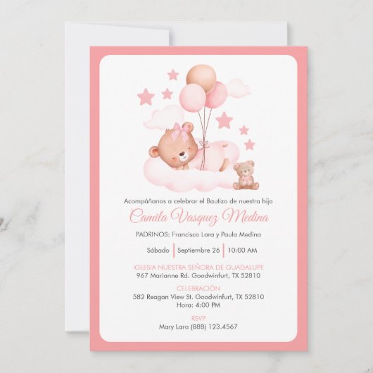 Bautizo Invitacion Schattigee Teddybeer Meisjes Do Kaart (Voorkant)