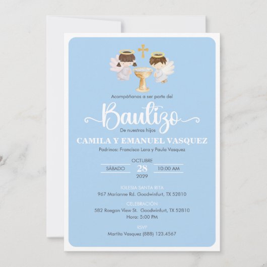 Bautizo Invitacion Tweelingjongen en meisje Schatt Kaart (Voorkant)