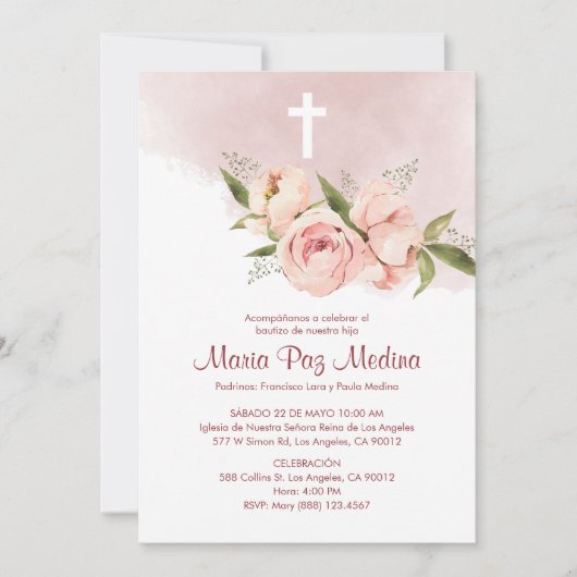 Bautizo Invitacion Zalmkleurige Bloemen Doop Kaart (Voorkant)
