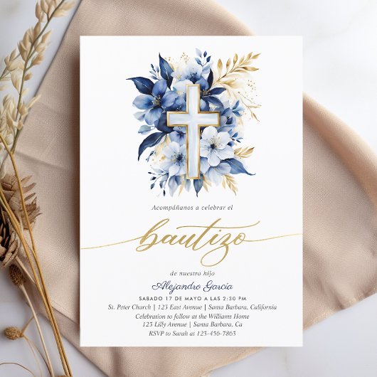 Bautizo marineblauw & gouden Waterverf Spaans Kaart