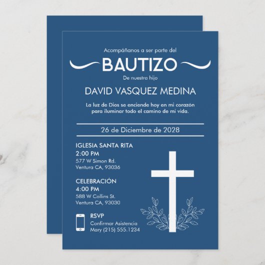Bautizo Schattige Baby Doop Spaans Kruis en blader Kaart (Voorkant / Achterkant)
