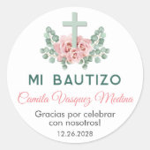 Bautizo Schattige Roze Rozen en laat Spaans Doopse Ronde Sticker (Voorkant)