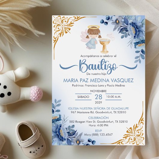 Bautizo Uitnodiging BLAUWE Bloemen Meisje Engel Do